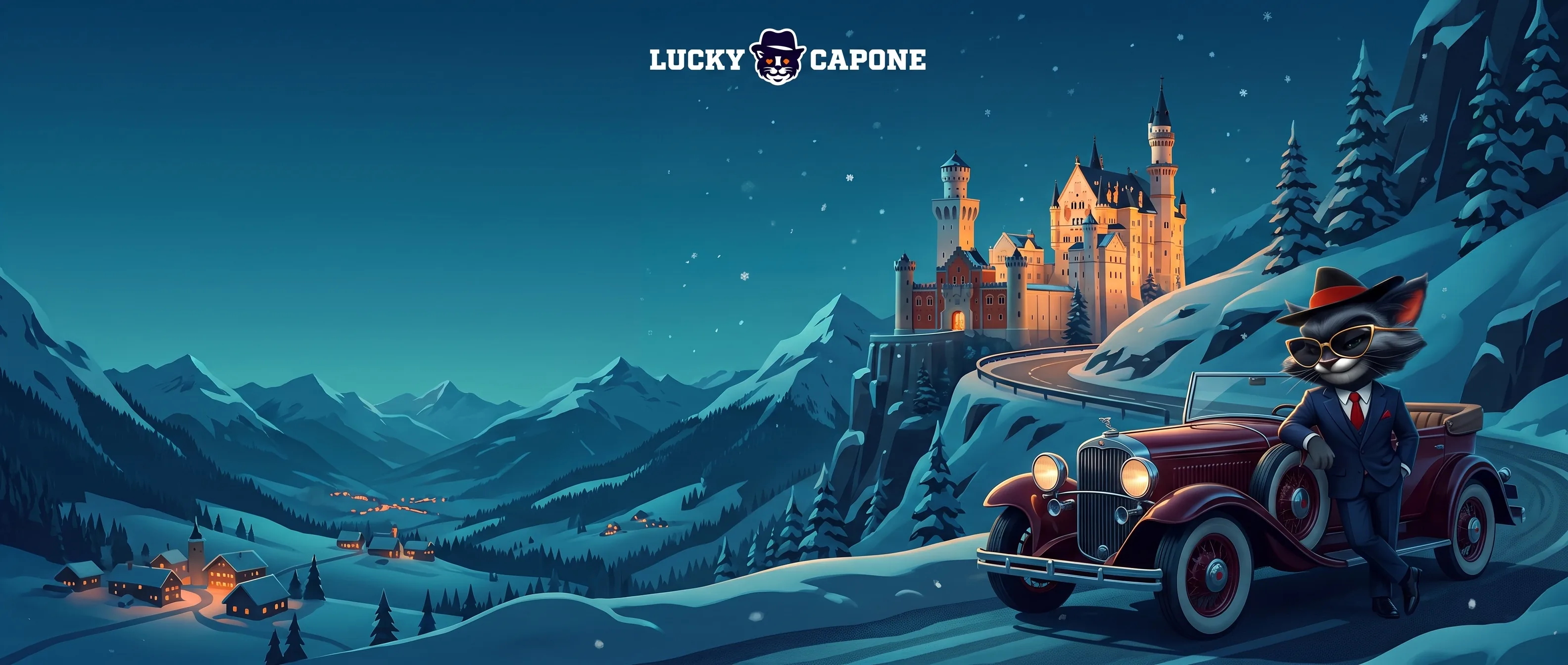 Lucky Capone mit einem Oldtimer vor einem winterlichen Alpenschloss
