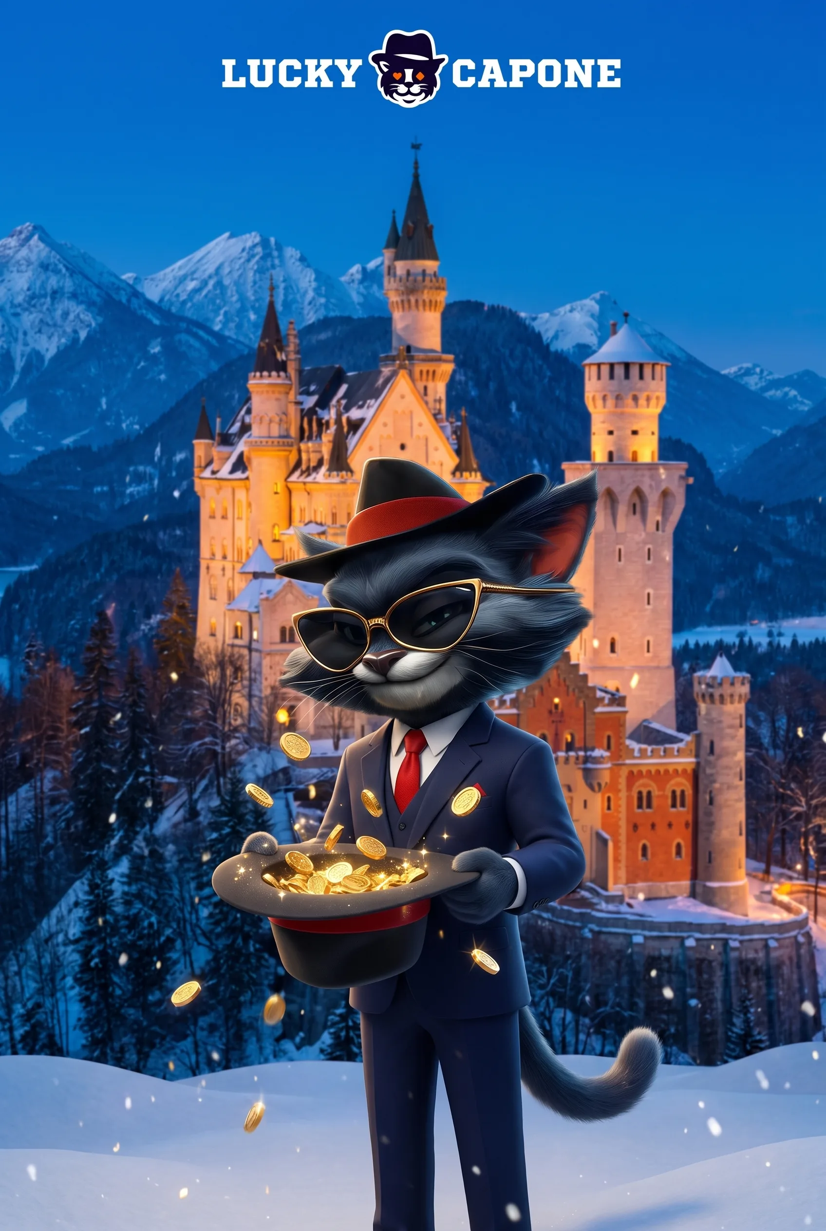 Lucky-Capone-Maskottchen mit Goldmünzen vor einem beleuchteten Schloss